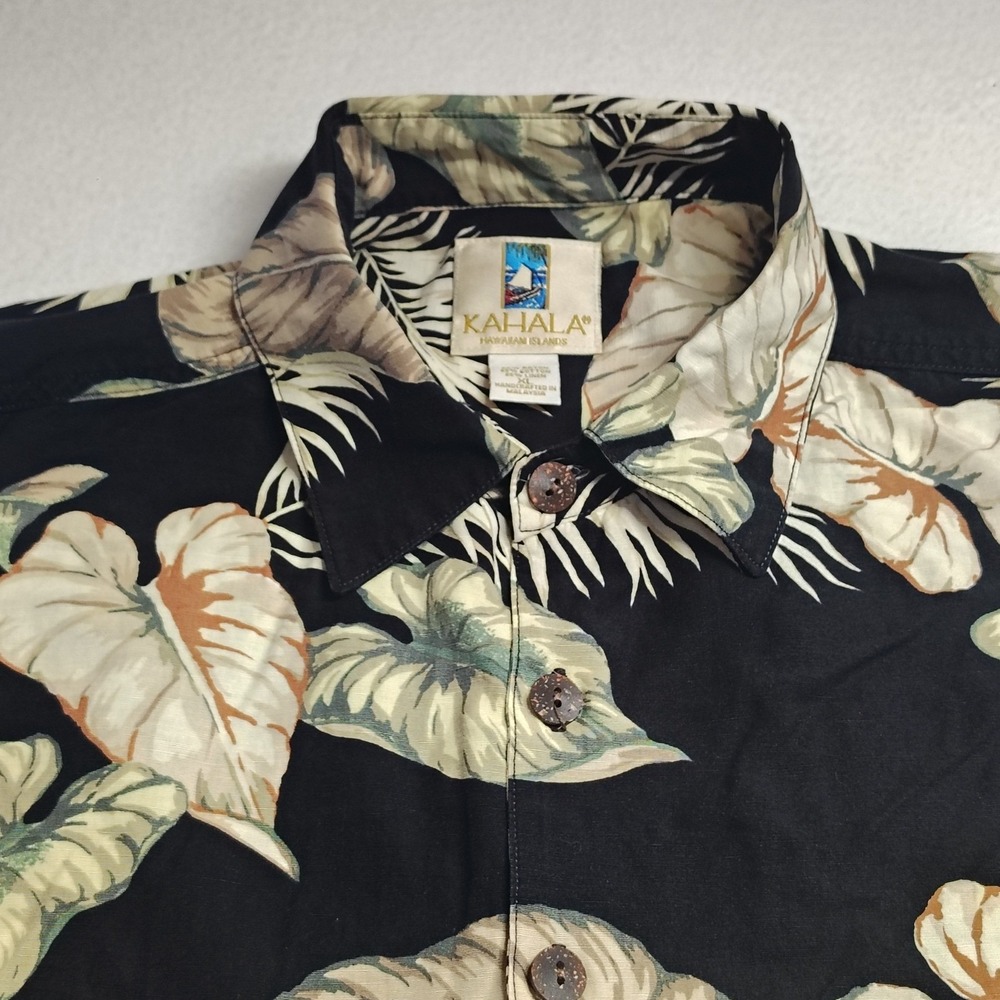 Kahala Mens XL Tropical Leaf Print Button Front Shirt Black Rayon Linen Blend - Picture 2 of 9
